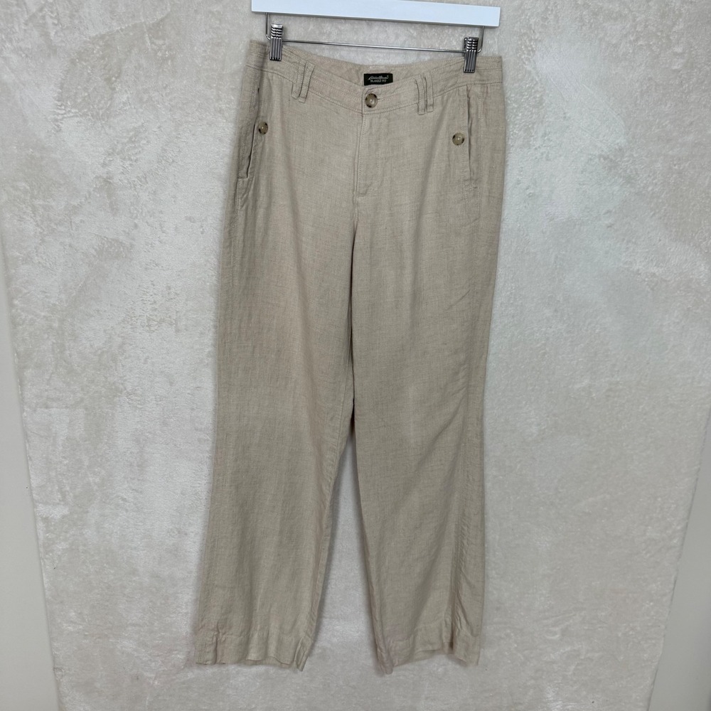 Eddie Bauer Blakely Fit‎ Beige 100% Linen Straight Leg Pants Euro Summer Size 8